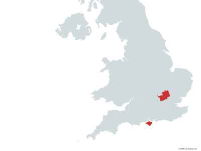Map showing relative locations of Hertfordshire and the Isle of Wight for school trips